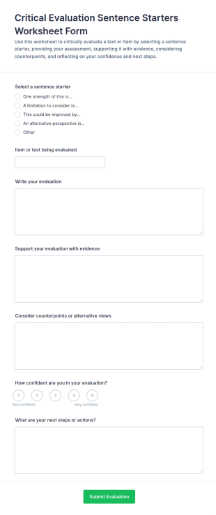 Critical Evaluation Sentence Starters Worksheet Form Template