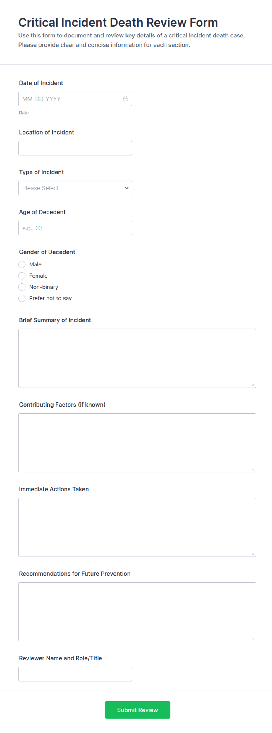 Critical Incident Death Review Form Template | Jotform
