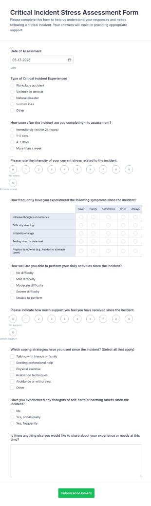 Critical Incident Stress Assessment Form Template