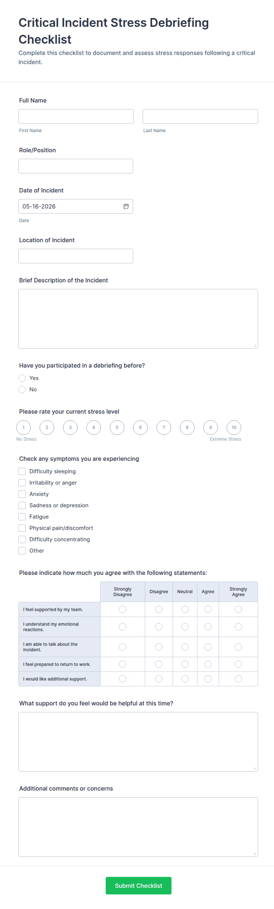 Critical Incident Stress Debriefing Checklist Form Template | Jotform