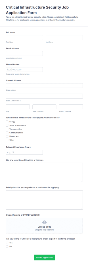Critical Infrastructure Security Job Application Form Template