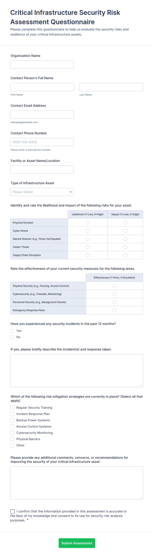 Critical Infrastructure Security Risk Assessment Questionnaire Form Template