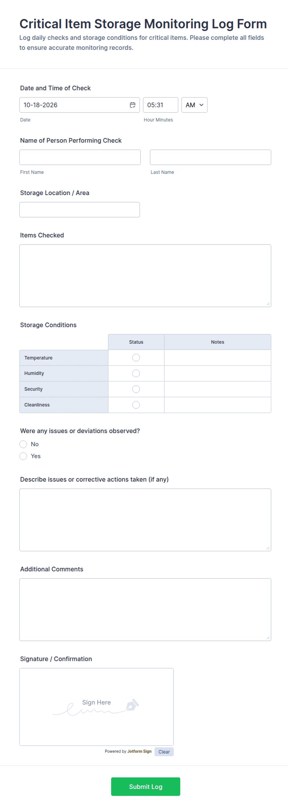 Critical Item Storage Monitoring Log Form Template | Jotform