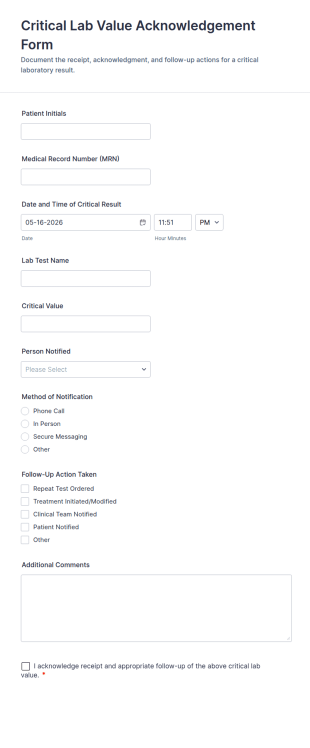 Critical Lab Value Acknowledgement Form Template