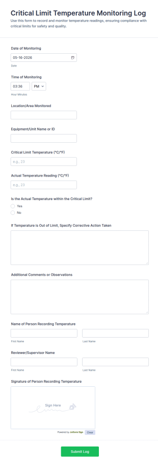 Critical Limit Temperature Monitoring Log Form Template