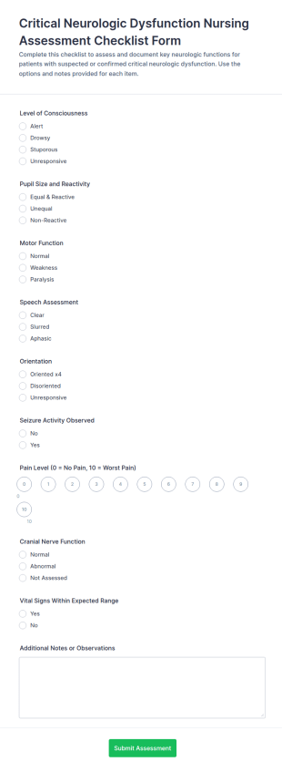 Critical Neurologic Dysfunction Nursing Assessment Checklist Form Template