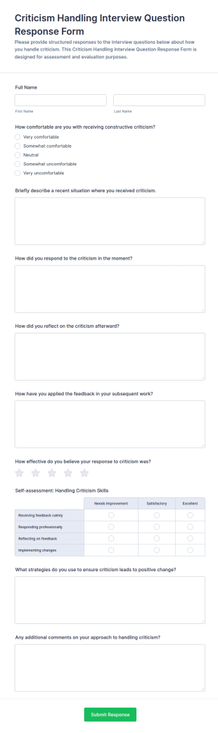 Criticism Handling Interview Question Response Form Template