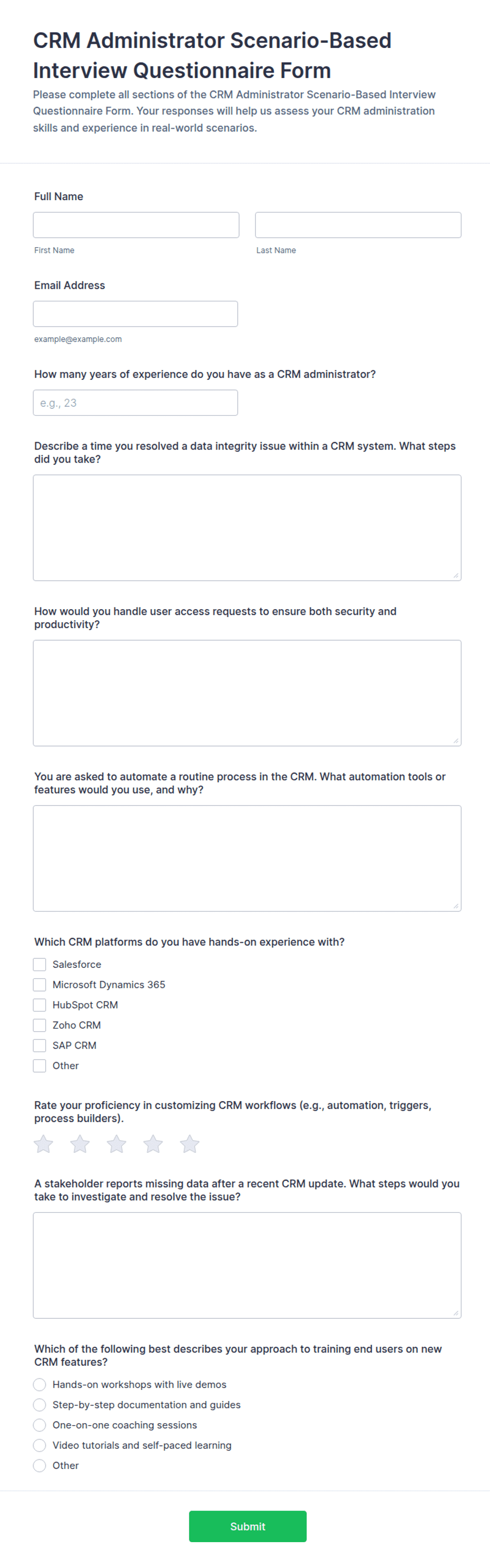 CRM Administrator Scenario-Based Interview Questionnaire Form Template ...