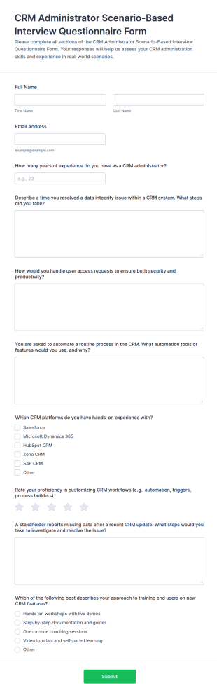 CRM Administrator Scenario Based Interview Questionnaire Form Template