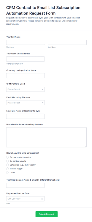 CRM Contact To Email List Subscription Automation Request Form Template