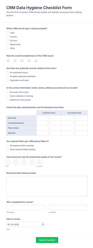 CRM Data Hygiene Checklist Form Template