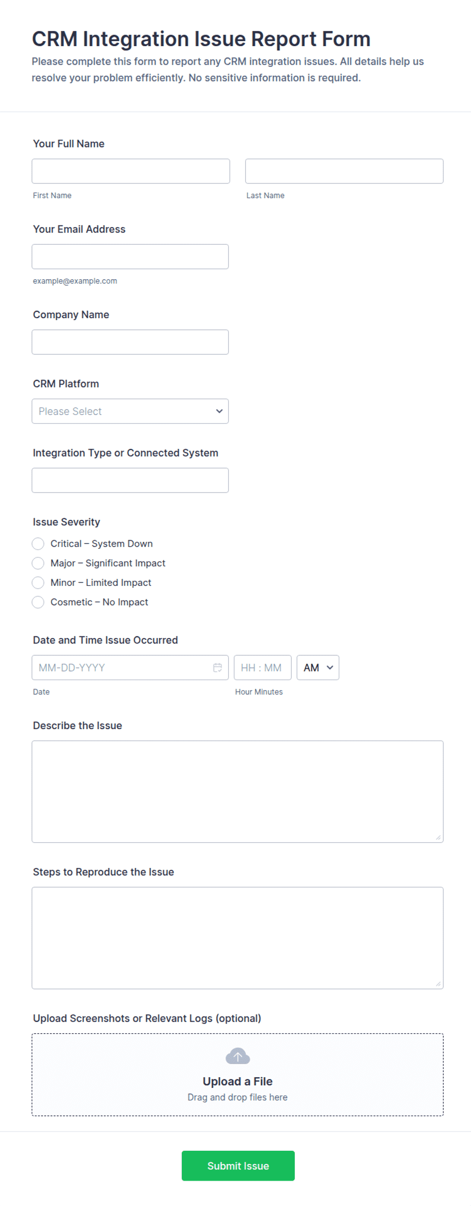 Rmv Forms.pdf CRM Integration Issue Report Form Template | Jotform