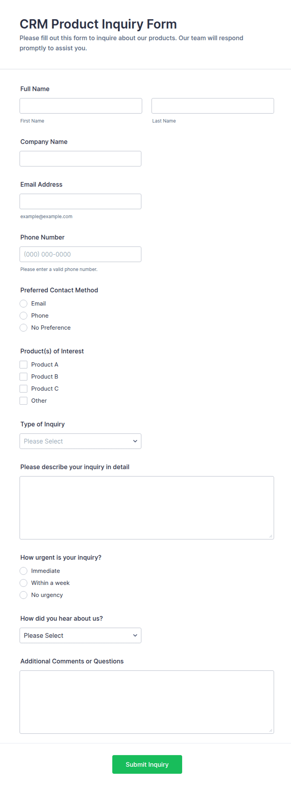 Product Inquiry Table CRM Product Inquiry Form Template | Jotform