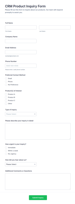 CRM Product Inquiry Form Template