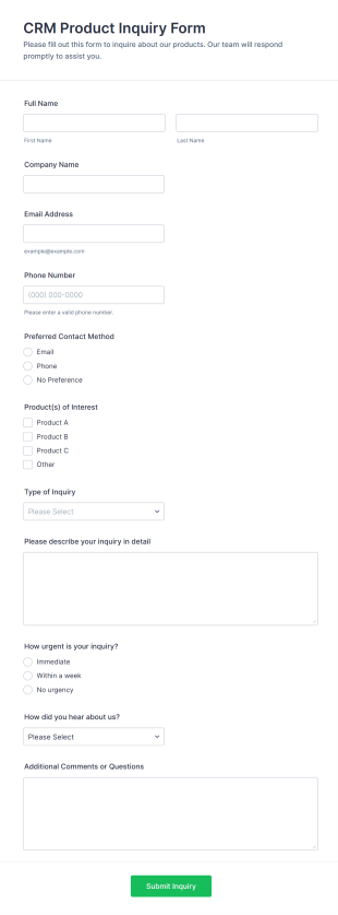 CRM Product Inquiry Form Template