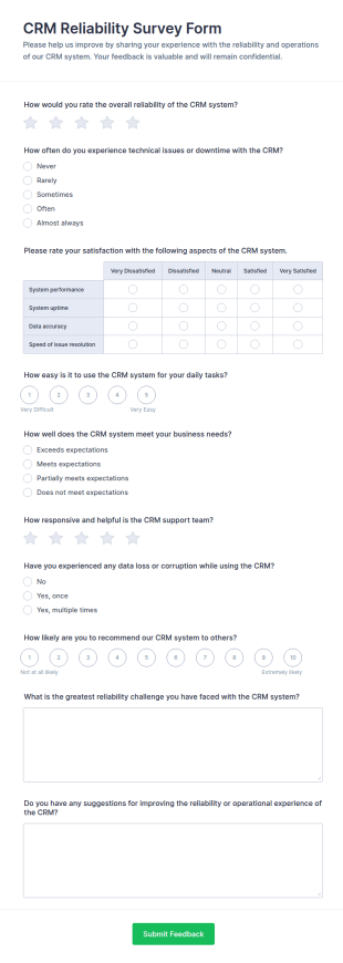 CRM Reliability Survey Form Template