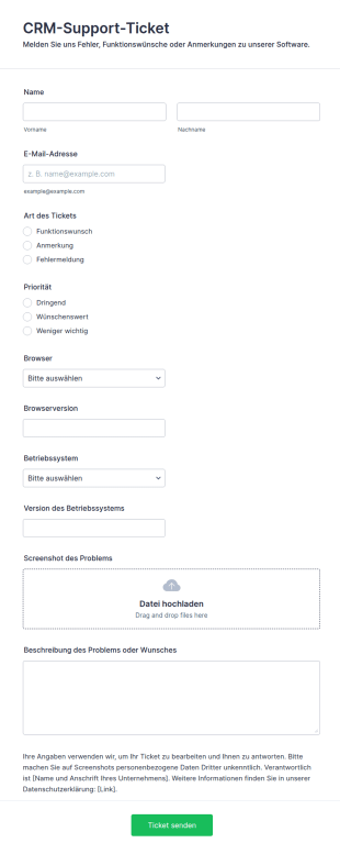 CRM Support Ticketformular