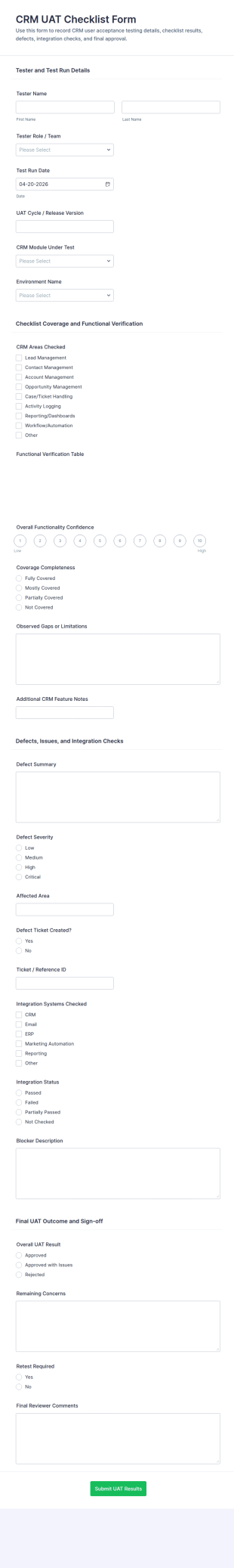 CRM UAT Checklist Form Template