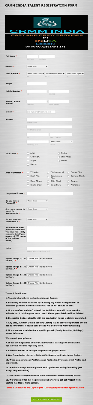 Talent Registration Form For Casting Agency Form Template