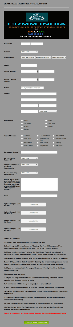 Talent Registration Form For Casting Agency