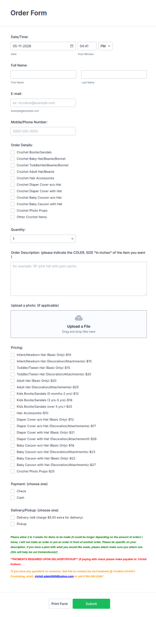 Crochet Order Form Template
