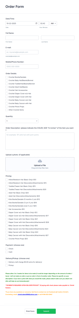 Crochet Order Form Template