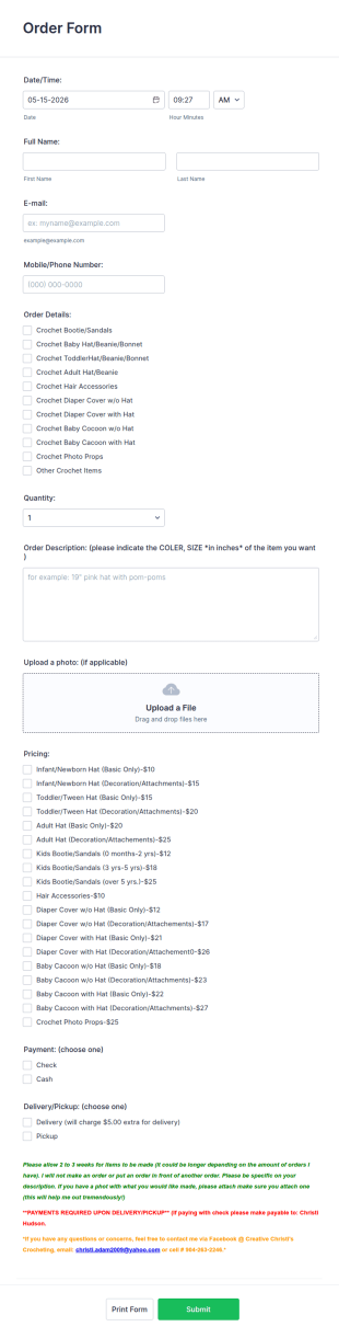 Crochet Order Form Template