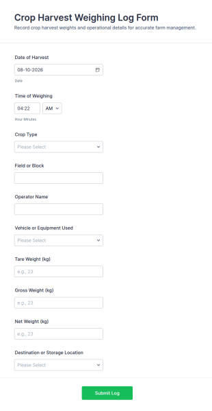Crop Harvest Weighing Log Form Template