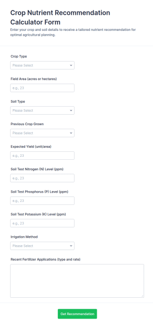 Crop Nutrient Recommendation Calculator Form Template