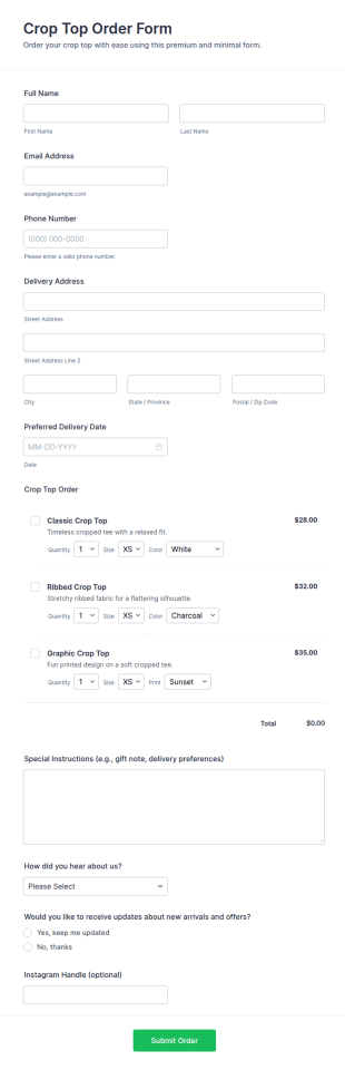 Crop Top Order Form Template