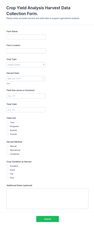 Crop Yield Analysis Harvest Data Collection Form Template