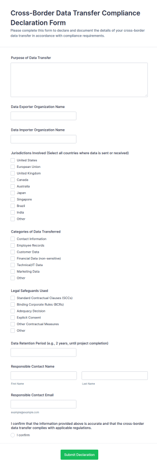 Cross Border Data Transfer Compliance Declaration Form Template