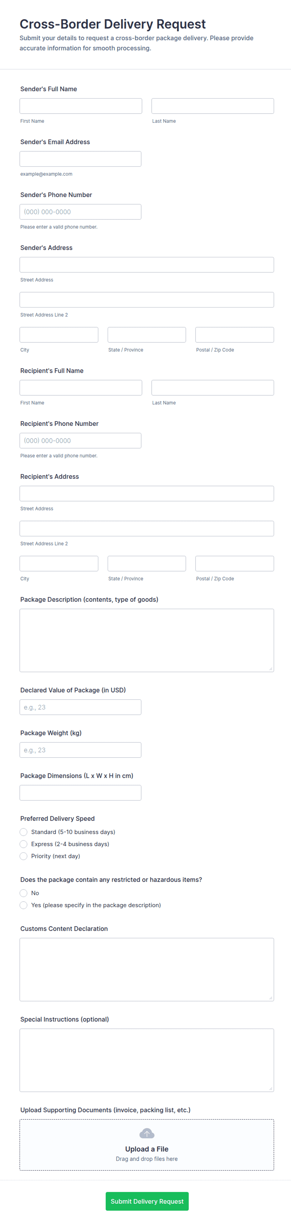 Cross-Border Delivery Request Form Template | Jotform