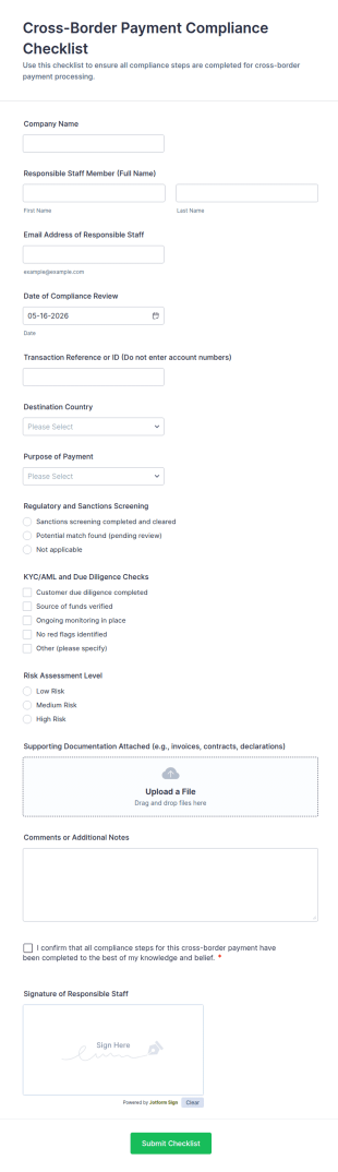 Cross Border Payment Compliance Checklist Form Template