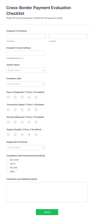 Cross Border Payment Evaluation Checklist Form Template