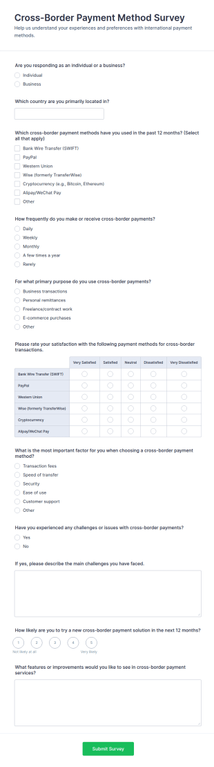 Cross Border Payment Method Survey Form Template