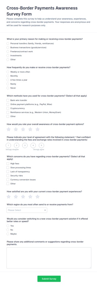 Cross Border Payments Awareness Survey Form Template
