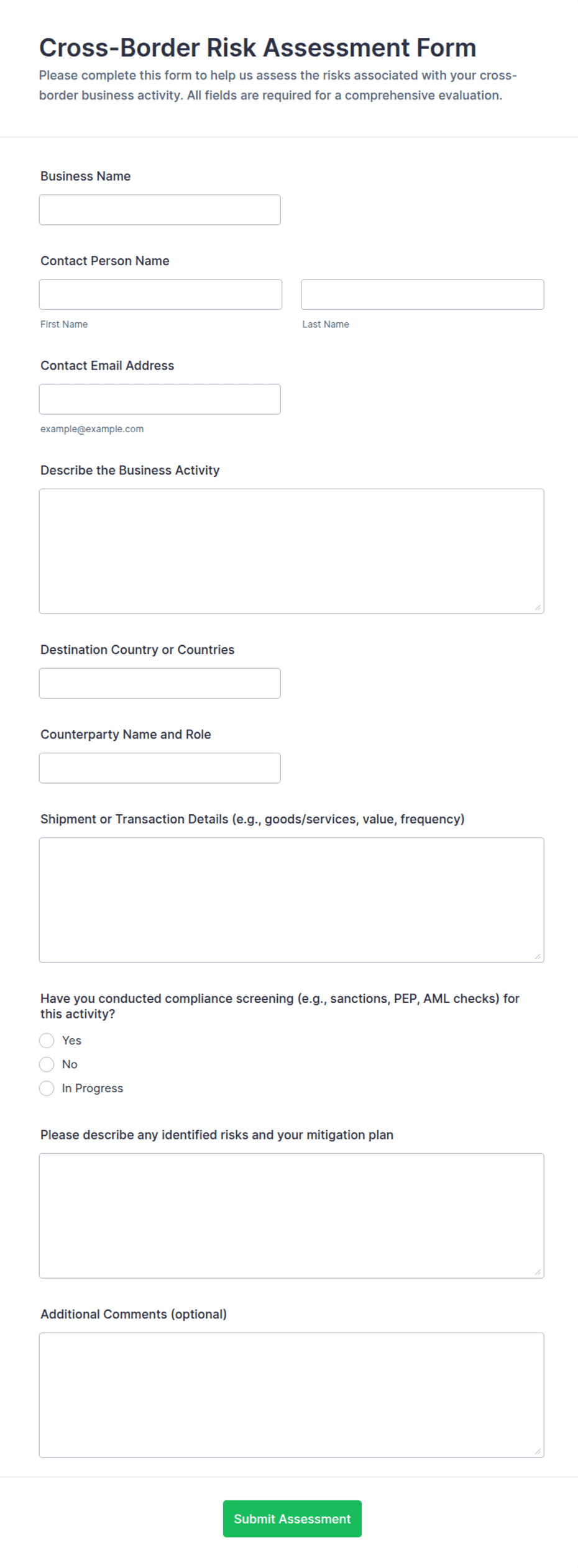 Cross-Border Risk Assessment Form Template | Jotform
