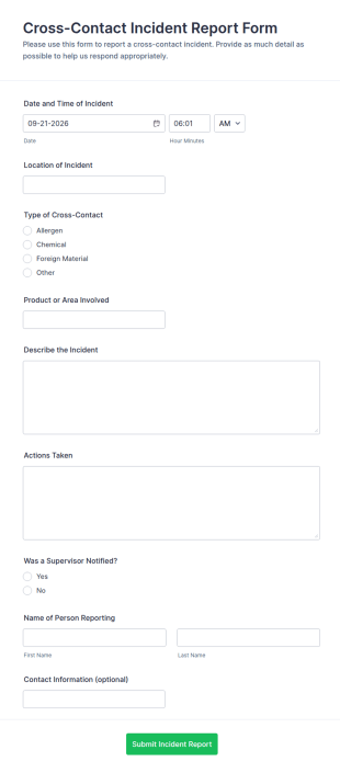 Cross Contact Incident Report Form Template