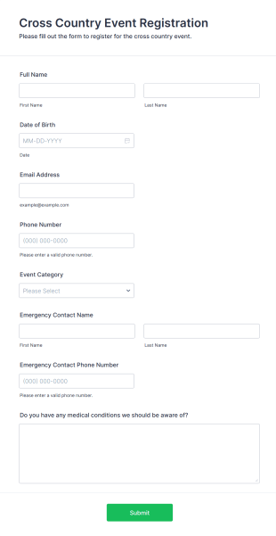 Cross Country Event Registration Form Template