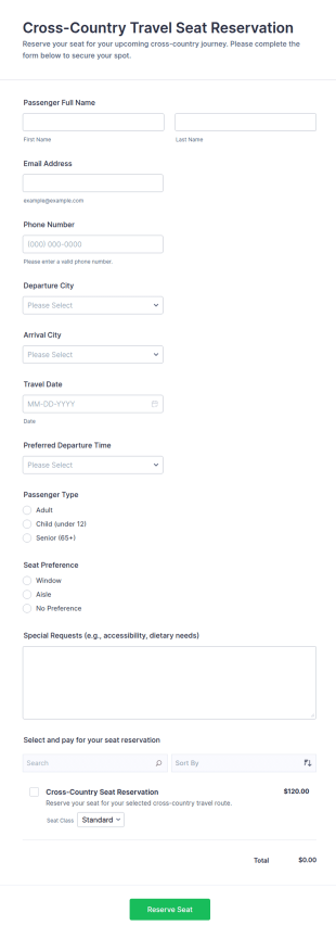 Cross Country Travel Seat Reservation Form Template