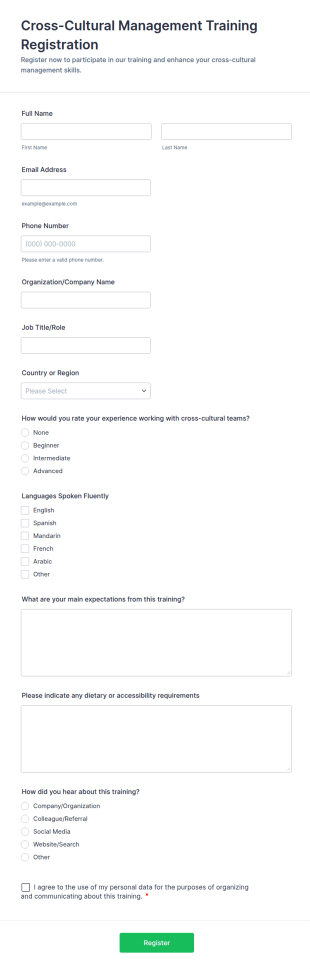 Cross Cultural Management Training Registration Form Template