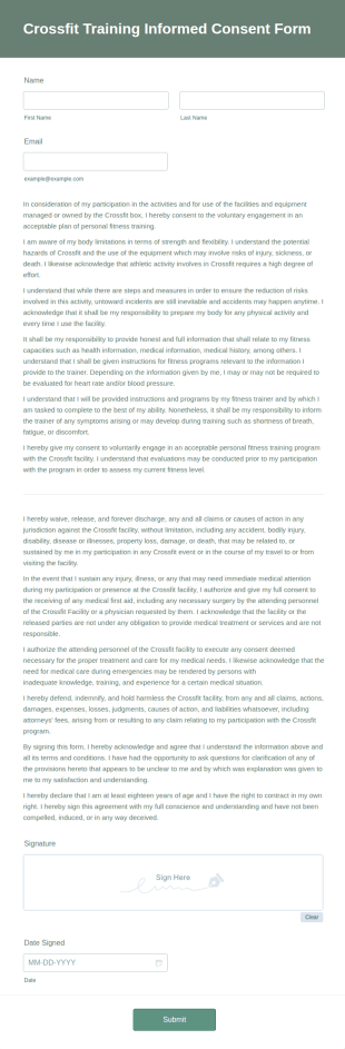 Crossfit Training Informed Consent Form Template