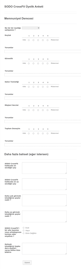 Crossfit Uyelik Anketi Form Şablonu