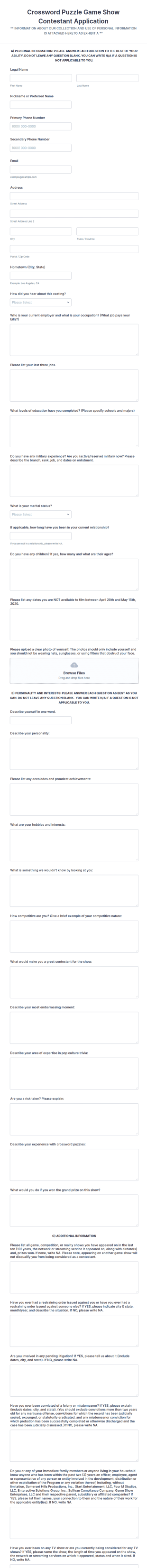 Crossword Puzzle Game Show Contestant Application Form Template