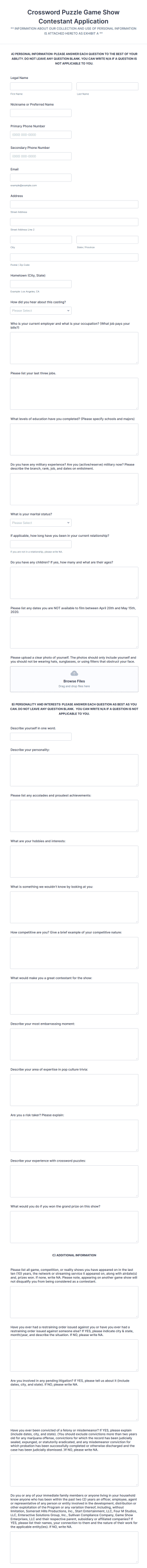 Crossword Puzzle Game Show Contestant Application Form Template