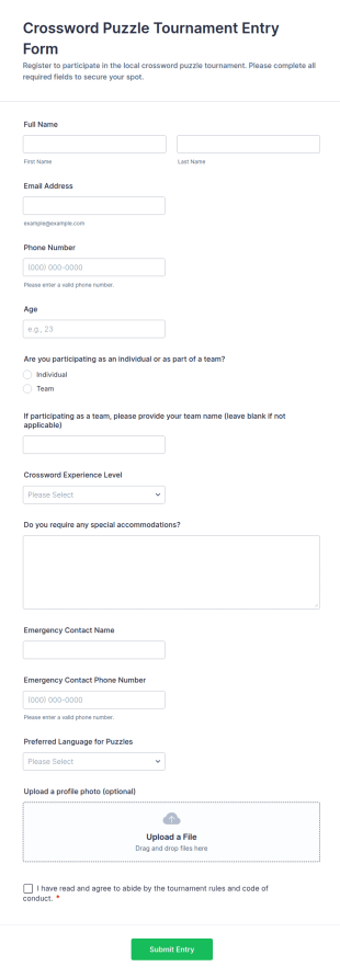Crossword Puzzle Tournament Entry Form Template