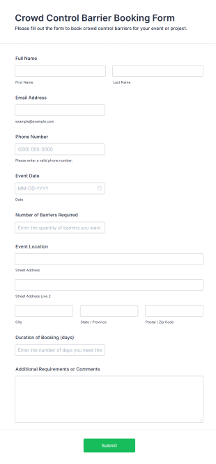 Crowd Control Barrier Booking Form Template