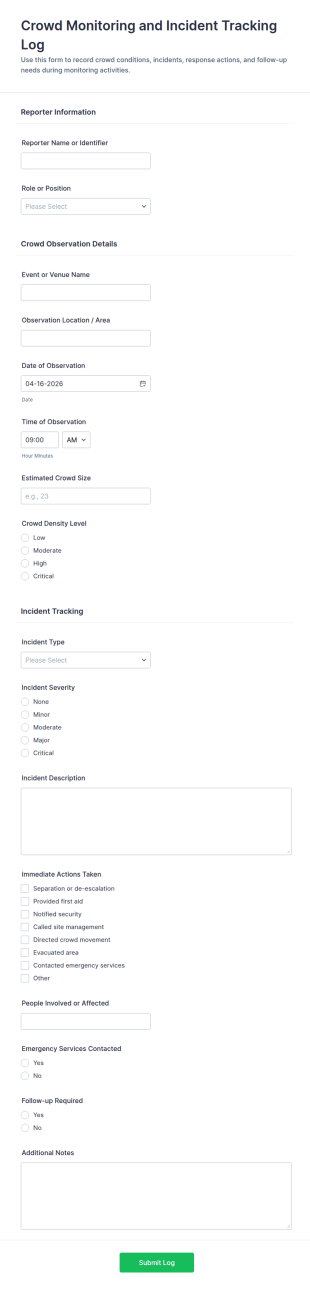 Crowd Monitoring And Incident Tracking Log Form Template