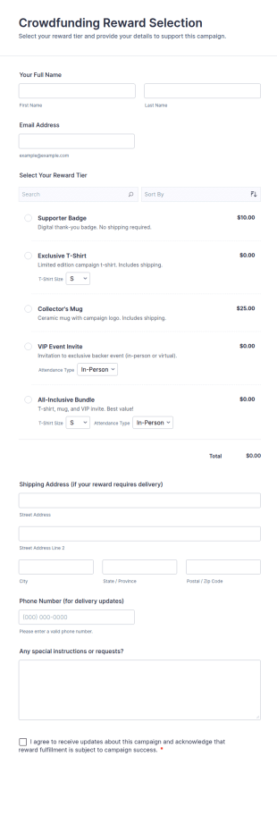 Crowdfunding Reward Selection Form Template